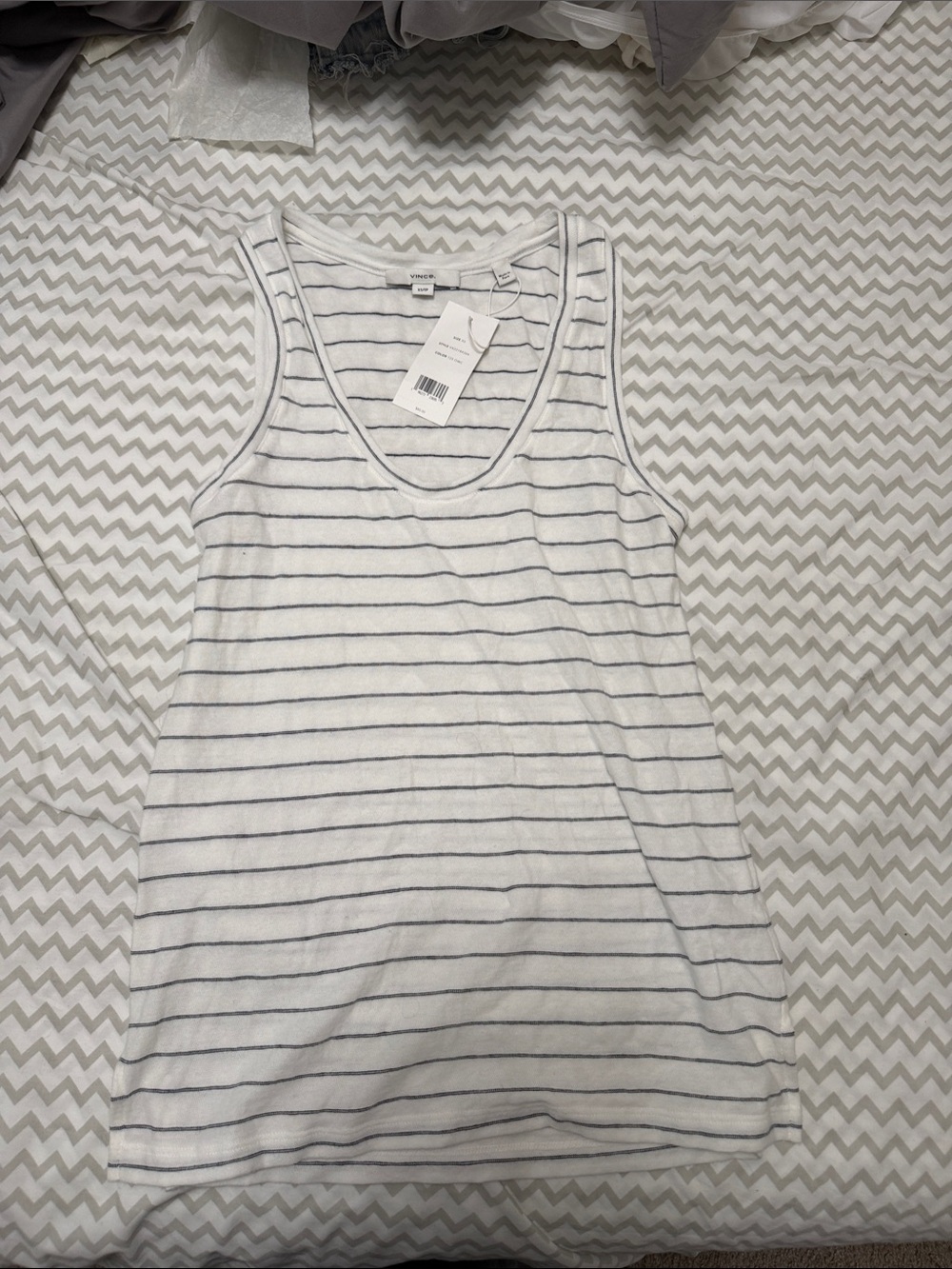 Vince White Tank Top with Navy Stripes